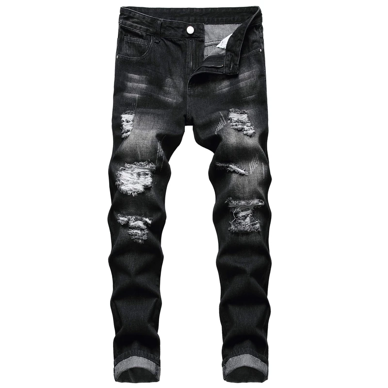 QIMYUM Mens Ripped Jeans, Distressed Destroyed Slim Fit Straight Leg Denim Pants - - 40