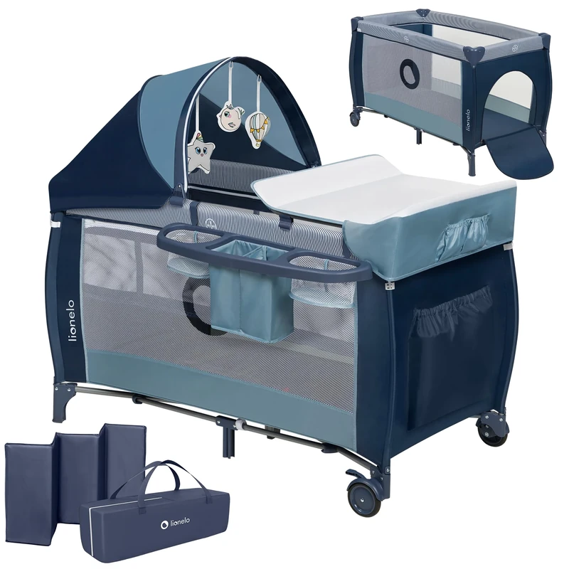 Lionelo Sven Plus 2in1 Travel Cot and Portable Baby Zone for newborns 0-36 Months Foldable with 2-level Heights, Changing Table, Mattress, Side Entrance Mesh Walls Mosquito Net Canopy Wheels Organiser