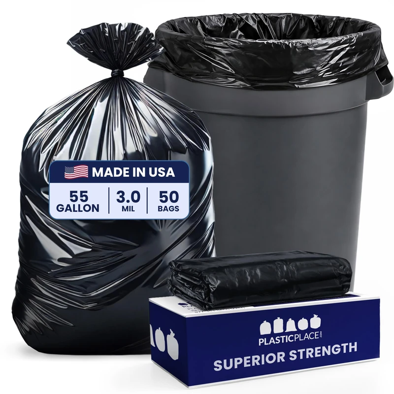 Plasticplace T55630BK 55 Gallon Trash Bags │3.0 Mil │40" x (50 Count), Black