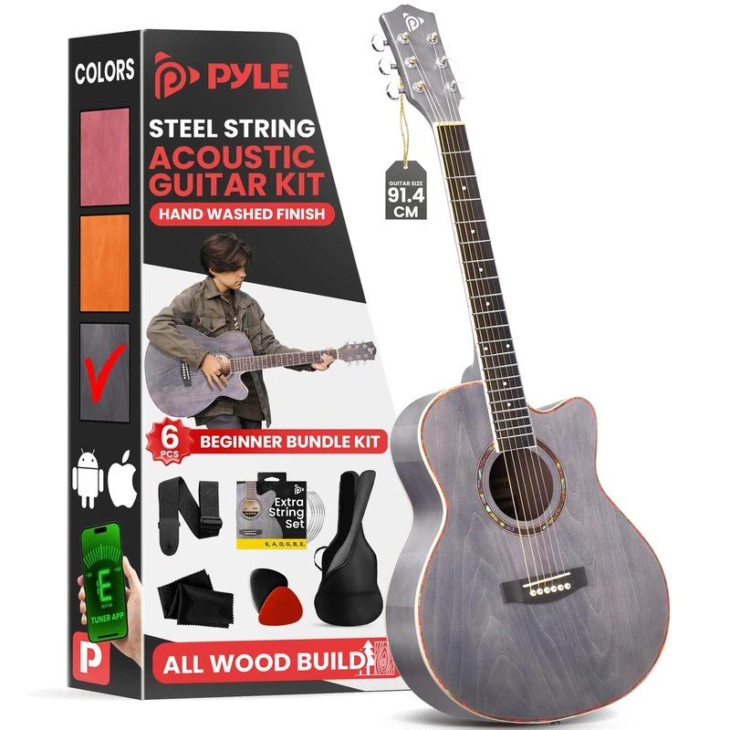 Pyle Cutaway Acoustic Guitar Kit - 3/4 Size 36"/91cm for Beginners, Kids, Adults - 2 Month Free Courses, 6 Strings, Gig Bag, Tuner, Picks, Strap - Grey