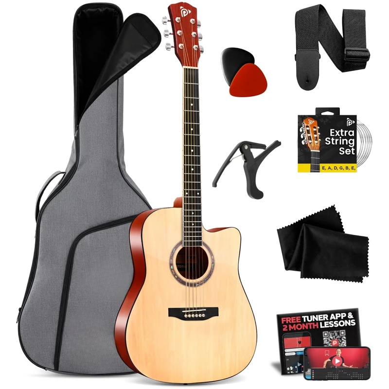 Pyle Cutaway Acoustic Guitar, Beginner Full Size 41”/104cm, Dreadnought Natural Matte Finish, 6 Steel Strings w/Gig Bag, Tuner, Extra Strings, Picks, Strap, Capo, For Beginners, Adults, Kids- Right