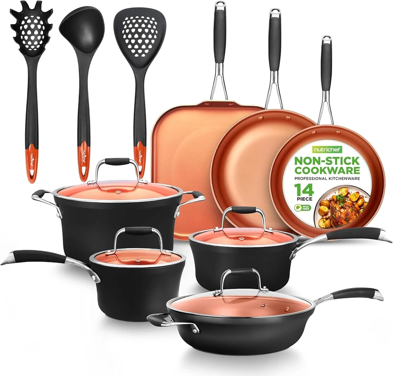NutriChef Non-Stick Cookware Set, 14-Piece Pots with Lids, Small and Medium Frying Pans, Cooking Tools and Utensils, Non-Toxic Kitchen Set, Copper