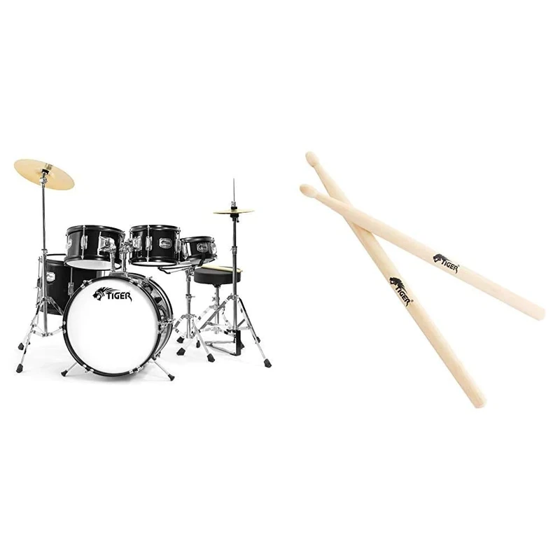 Tiger JDS14-BK 5 Piece Junior Drum Kit – Black Kids Drum Kit, Ages 3 – 10 Years + Tiger Junior Drumsticks - Childrens Drum Sticks for Junior Drum Kits - Pair