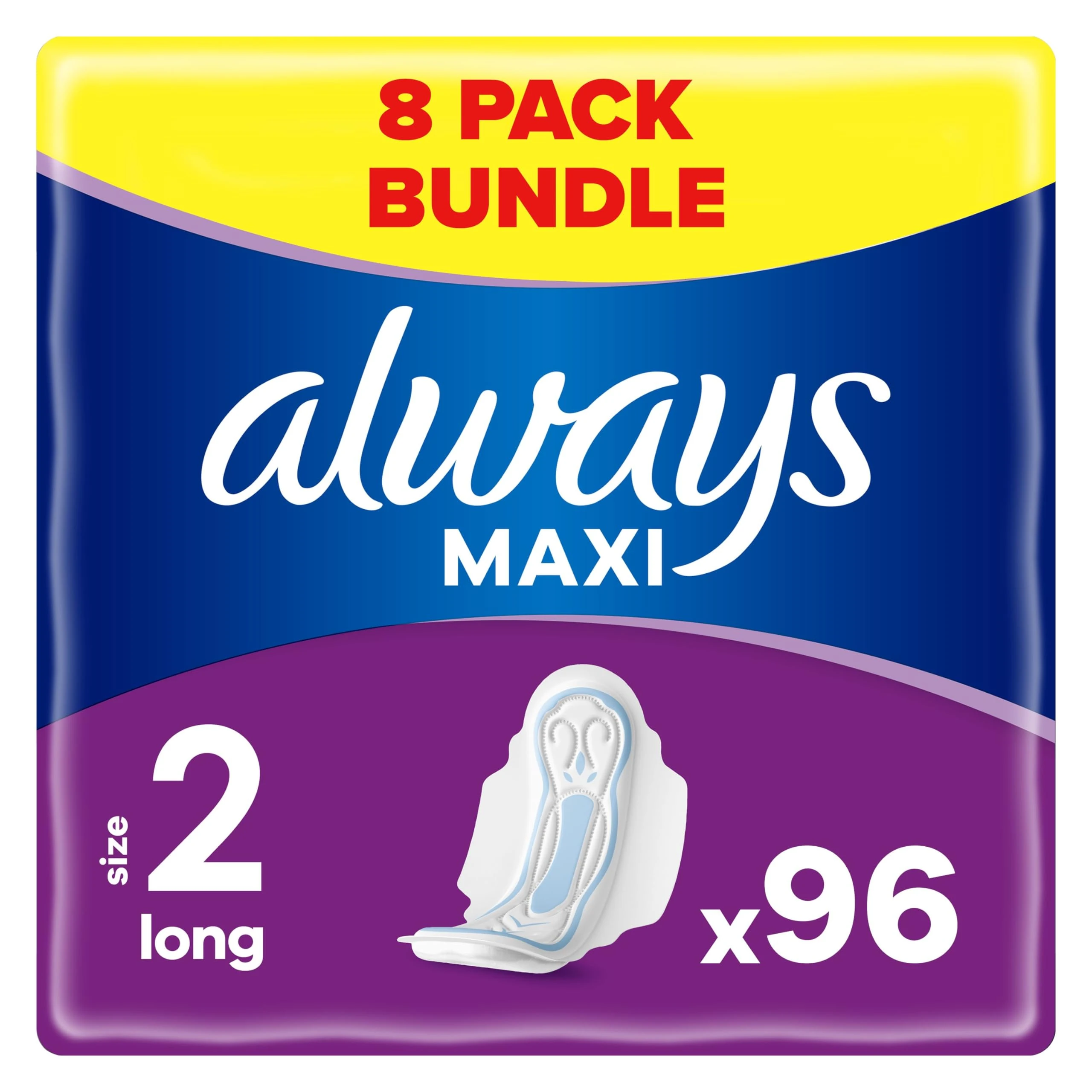 Always Maxi Sanitary Towels with Wings, Size 2, Long, 96 Towels (12 x 8 Packs), Anti-leakage Barriers, Protection & Comfort