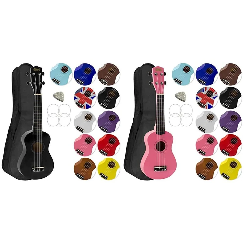 Mad About SU8 Soprano Ukulele in Black with FREE Gig Bag, Pick, and Spare Strings – Now With Carbon Black Strings for Improved Tuning + Mad About SU8 Soprano Ukulele in Pink with FREE Gig Bag