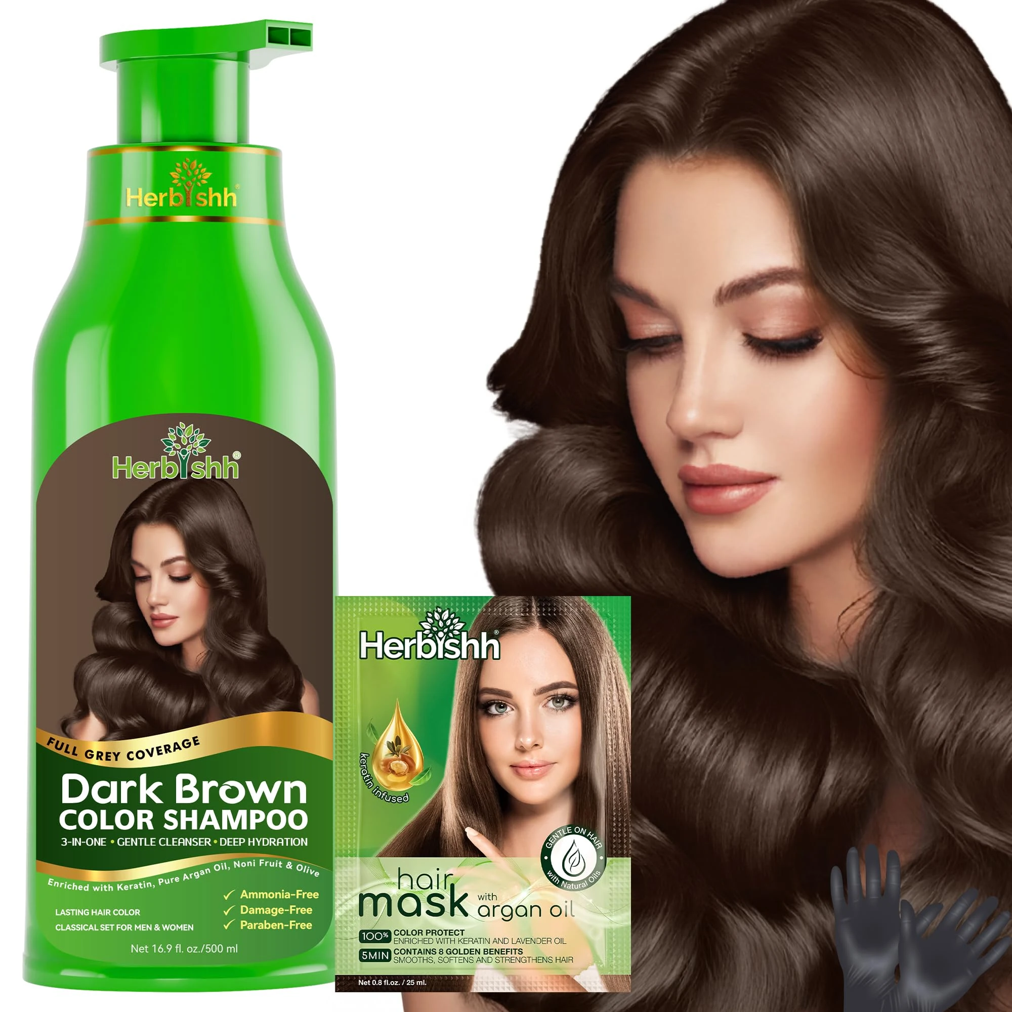 Herbishh Hair Color Shampoo - Magic Dye for Gray Hair, Lasting Color in Minutes - 500 Ml, 3-In-1, Ammonia-Free (Dark Brown)
