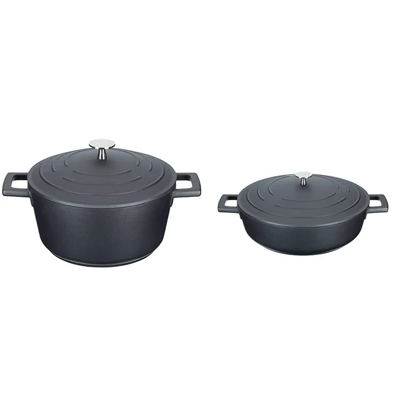 MasterClass Lightweight Casserole Dish with Lid, Cast Aluminium, Black, 2.5 Litre / 20 cm + MasterClass Shallow Casserole Dish with Lid, Lightweight Cast Aluminium, Black, 4 Litre / 28 cm