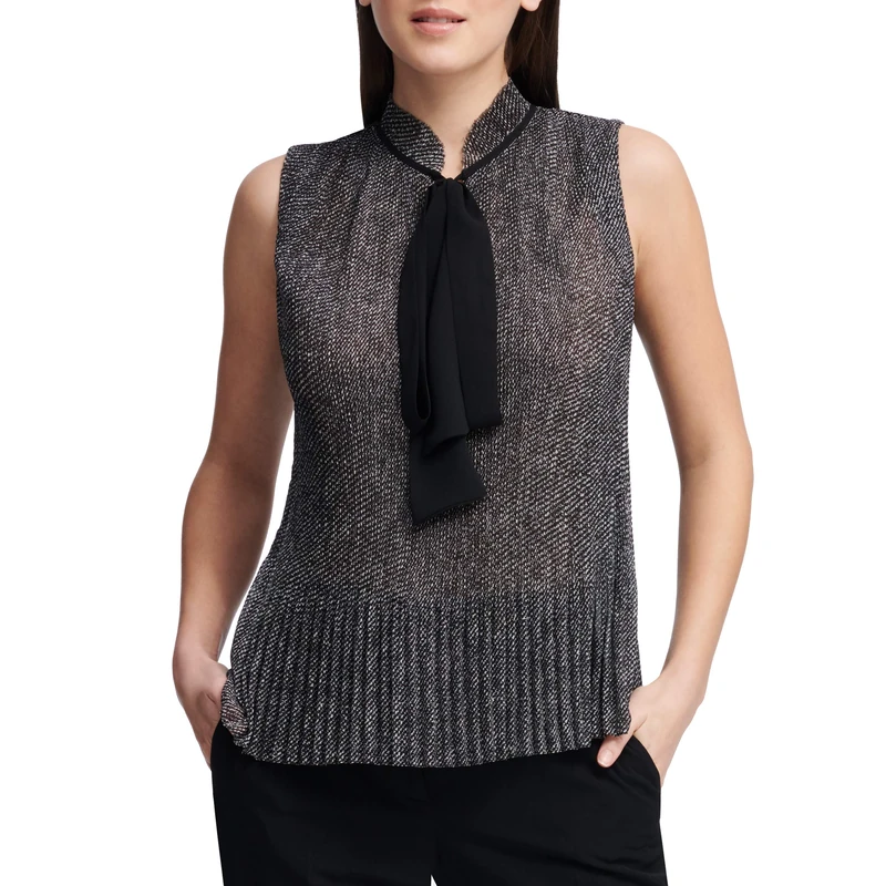 DKNY Women's Sleeveless Neck Tie Blouse, Black/White, S