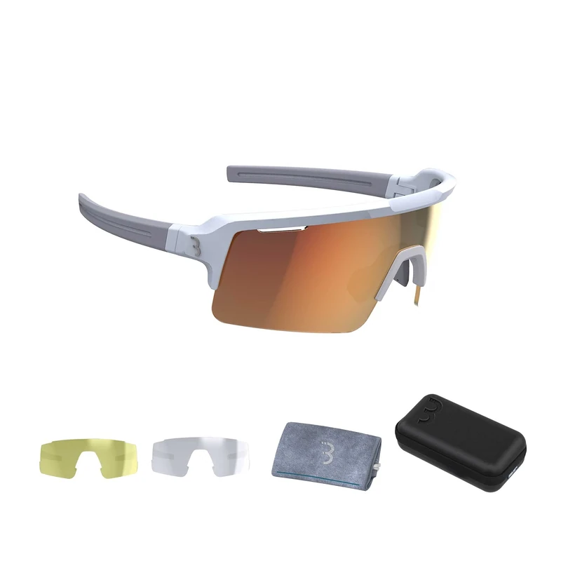 BBB Cycling Fuse Cycling Glasses for Men and Women | Comes With 3 Interchangeable Lenses: Smoke, Yellow and Clear | Road Cycling and MTB Glasses | Matt White Orange | BSG-65