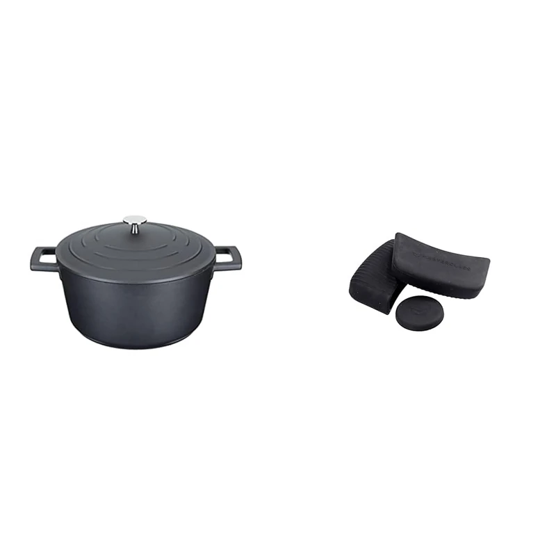 MasterClass Lightweight Casserole Dish with Lid, Cast Aluminium, Black, 4 Litre / 24 cm + MasterClass Pan Handle Sleeve Set for Cast Aluminium Casserole Pots, Easy Grip Silicone, 3 Pieces