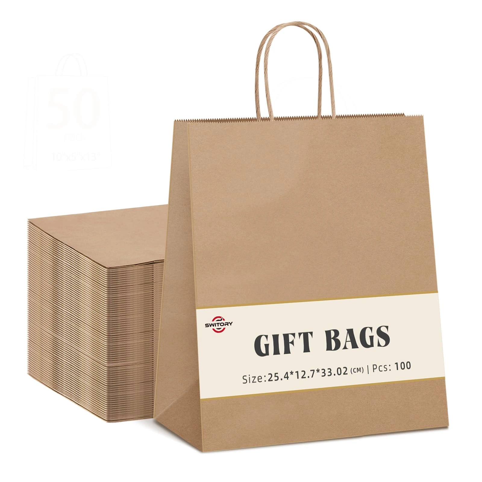 Switory Brown Small Paper Bgs,100pcs Kraft Party Bags and Gift Bagsg with Handles for Party Favor, Christian Festival, Thanksgiving Day, Christmas Day10x5x13 inch