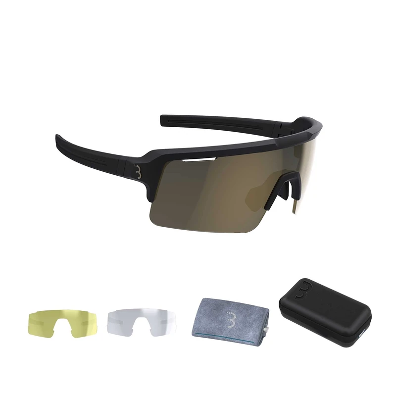 BBB Cycling Fuse Cycling Glasses for Men and Women | Comes With 3 Interchangeable Lenses: Smoke, Yellow and Clear | Road Cycling and MTB Glasses | Matt-black Gold | BSG-65
