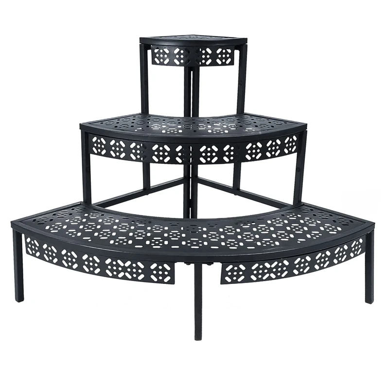 aboxoo 3 Tier Plant Stand Flower Pot Rack, Metal Stair-Step Style Corner Shelf Planters, Quarter Round Display Holder for Indoor Outdoor Use(Black, Semicircle)