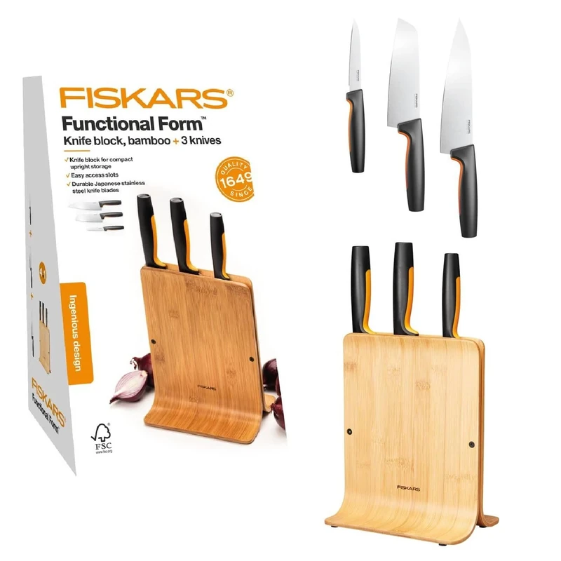 Fiskars bamboo design knife block with 3 knives, functional shape, including paring knife, Santoku chef's knife and chef's knife, plastic, bamboo, 1057553