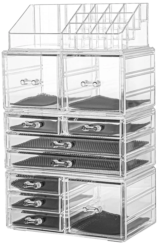 Sooyee Acrylic Makeup Organizer, 10-Drawer Storage, Clear, 4 Stackable Pieces
