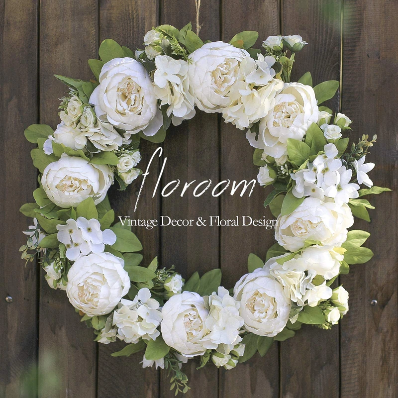 Floral Wreath, Door Wreath, 20'' Artificial White Peony Hydrangea Wreath for Front Door, Wedding Decorations Wall Decor
