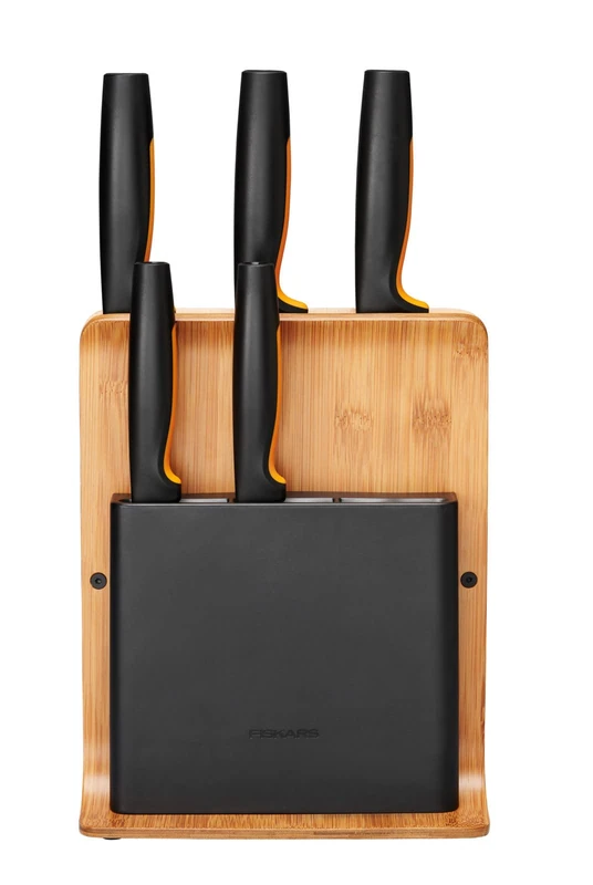 Fiskars Bamboo Design Block with 5 Knives, Functional Form, Including Vegetable, Tomato, Santoku Chef's, Chef's and Bread Knife, Bamboo/Plastic, 1057552