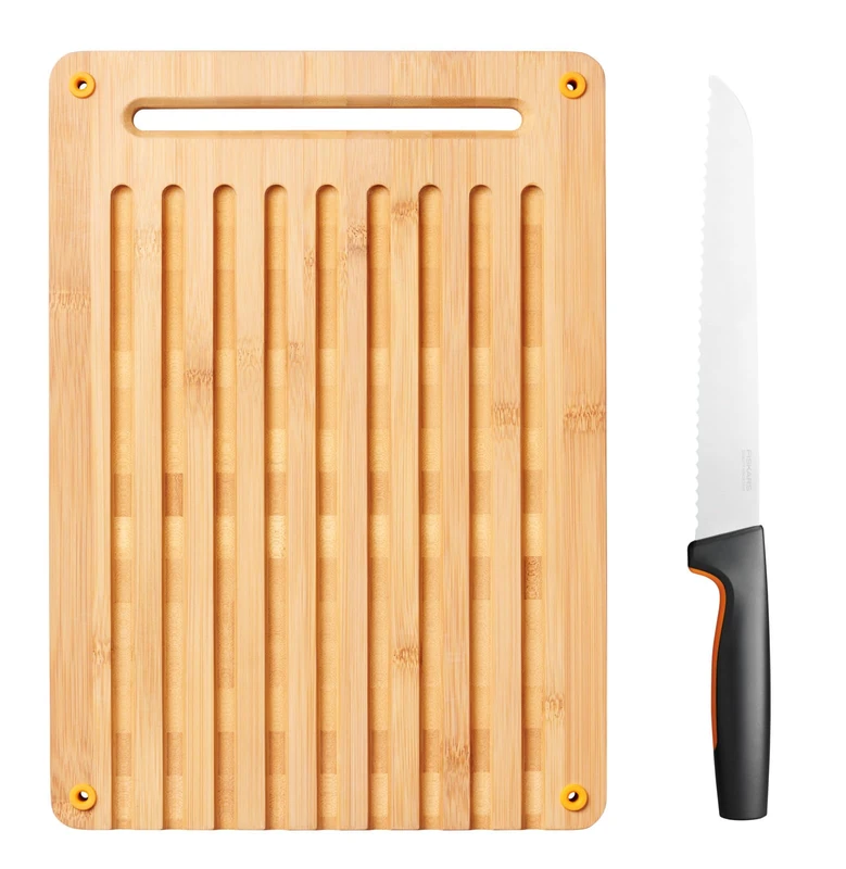 Fiskars Bamboo Chopping Board and Bread Knife, Functional Form, Bamboo/Japanese Stainless Steel/Plastic, 1057551