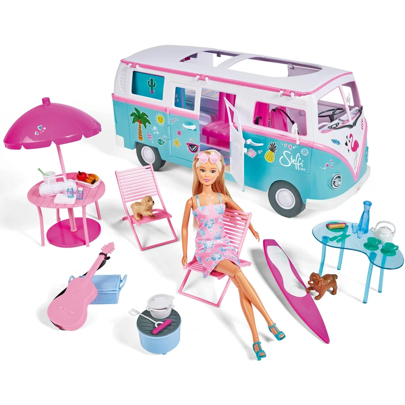Simba 105733523 Steffi Love Hawaii Camper, Doll with Hinged Camper, Includes Kitchen, Seating Area, Bed, Table and Many Accessories, Length: 51 cm, 29 cm, Suitable for Children from 3 Years