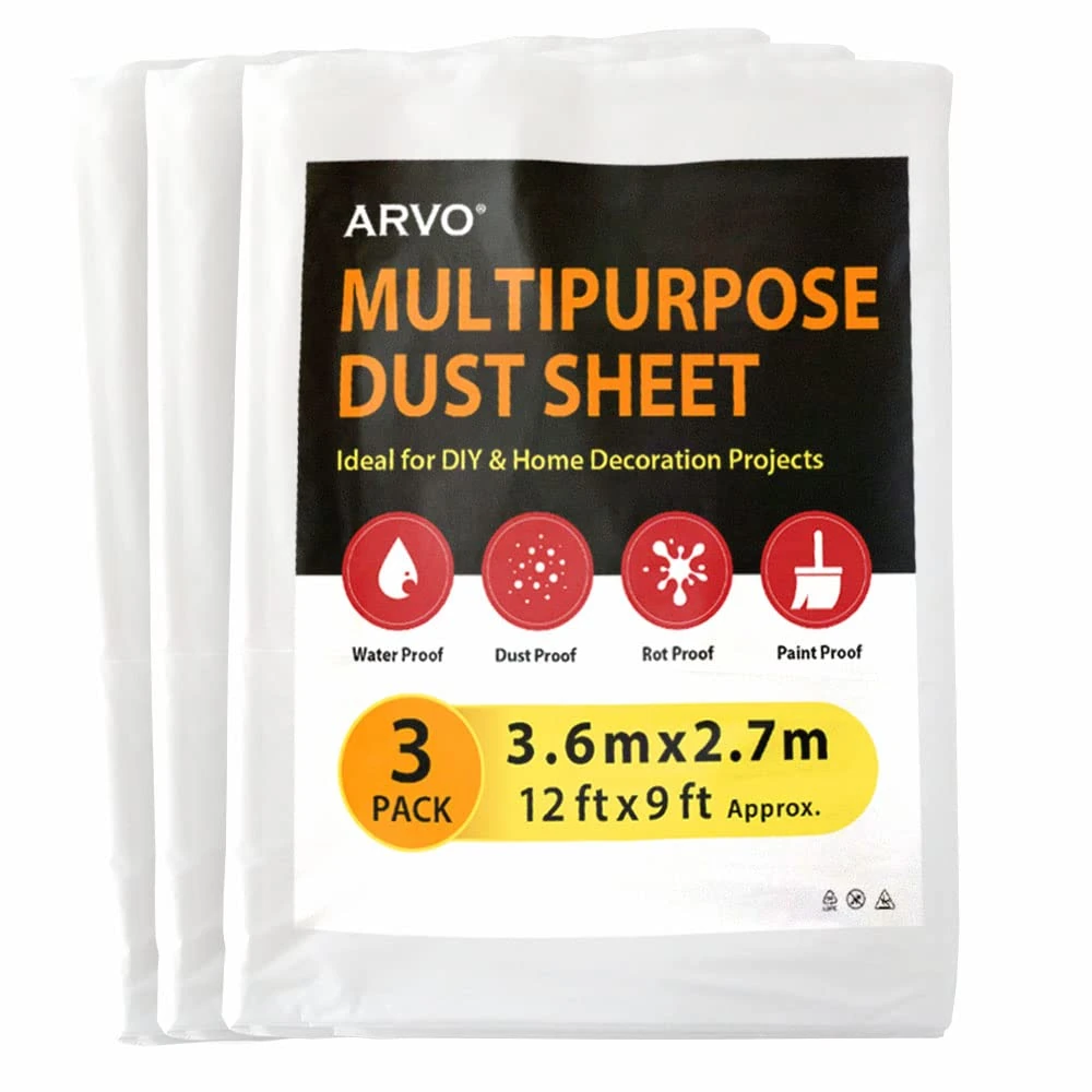 ARVO 3 Pack Extra Large Plastic Dust Sheets for Decorating - 3.6m x 2.75m (12ft x 9ft), Waterproof Polythene for Painting, Furniture, Floor Protection, Ideal with Paint Coveralls