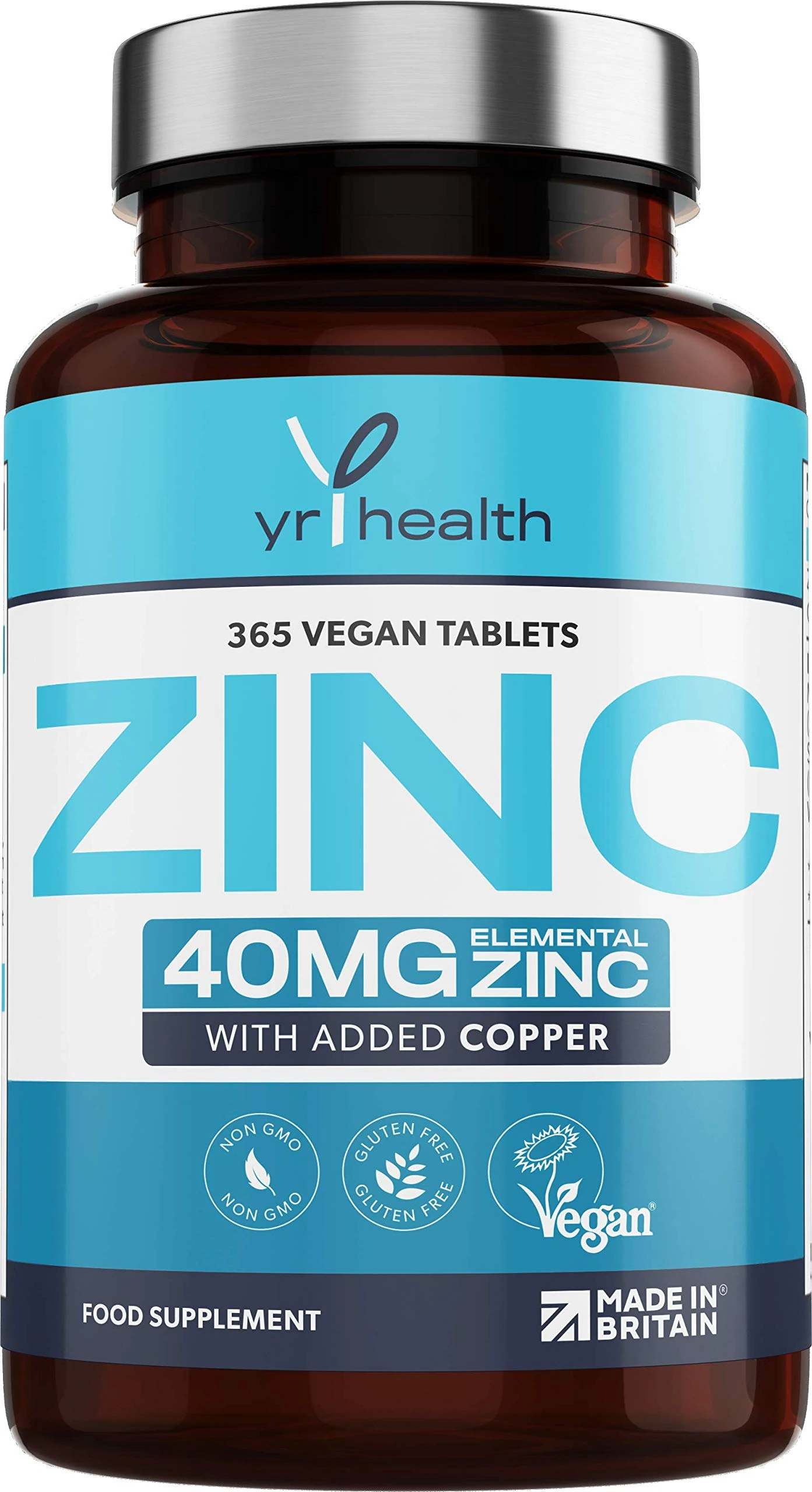 Vegan Zinc Tablets High Strength 40mg - 365 Premium Zinc Gluconate Tablets - Zinc Supplements, 12 Month's Supply - Zinc and Copper Supplement - Zinc 40mg - Made in The UK by YrHealth