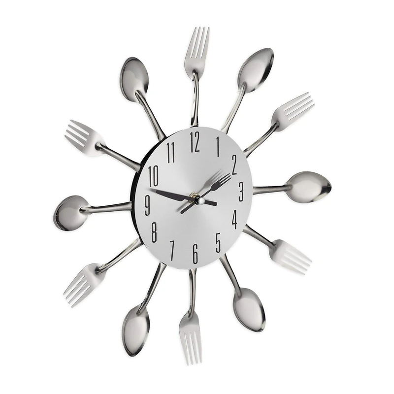 Relaxdays Wall Clock Cutlery, Kitchen Decoration, 12 Spoons and Forks, Ø 31 cm, Battery Operated, With Ticking, Silver - Image 1