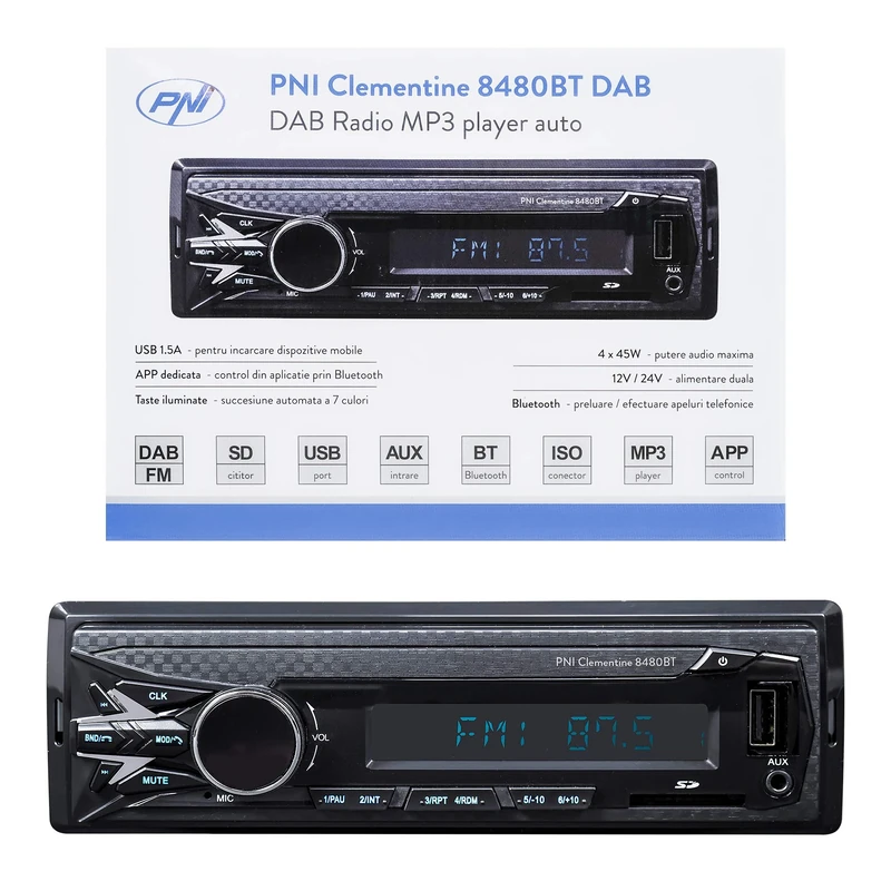 DAB Autoradio MP3 car player PNI Clementine 8480BT 4x45w, 12 / 24V, 1 DIN, with SD, USB, AUX, RCA, Bluetooth and USB 1.5A for phone charging