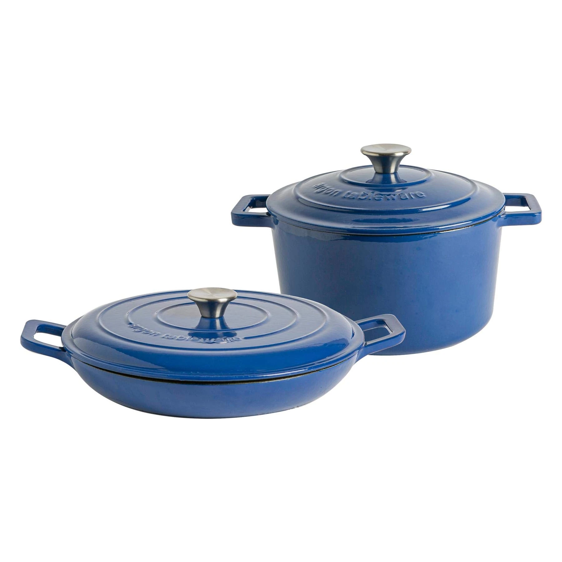 Argon Tableware Casserole Dish Cast Iron Shallow Enameled Dutch Oven Pan with Self-Basting Lid for Roasting, Braising, Stews and Curries - 4.5 Litre - Midnight Blue - 2 Sizes
