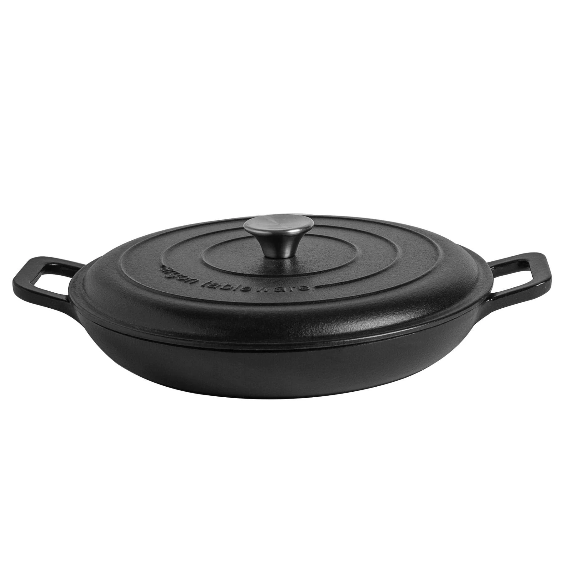 Argon Tableware 2.3L Shallow Cast Iron Casserole Dish with Self-Basting Lid - Matte Black - 2.3L & 4.68L Induction Hob Cooking 2.43QT Dutch Oven Bread Baking Serving Roasting Stew Stock Pot Pan