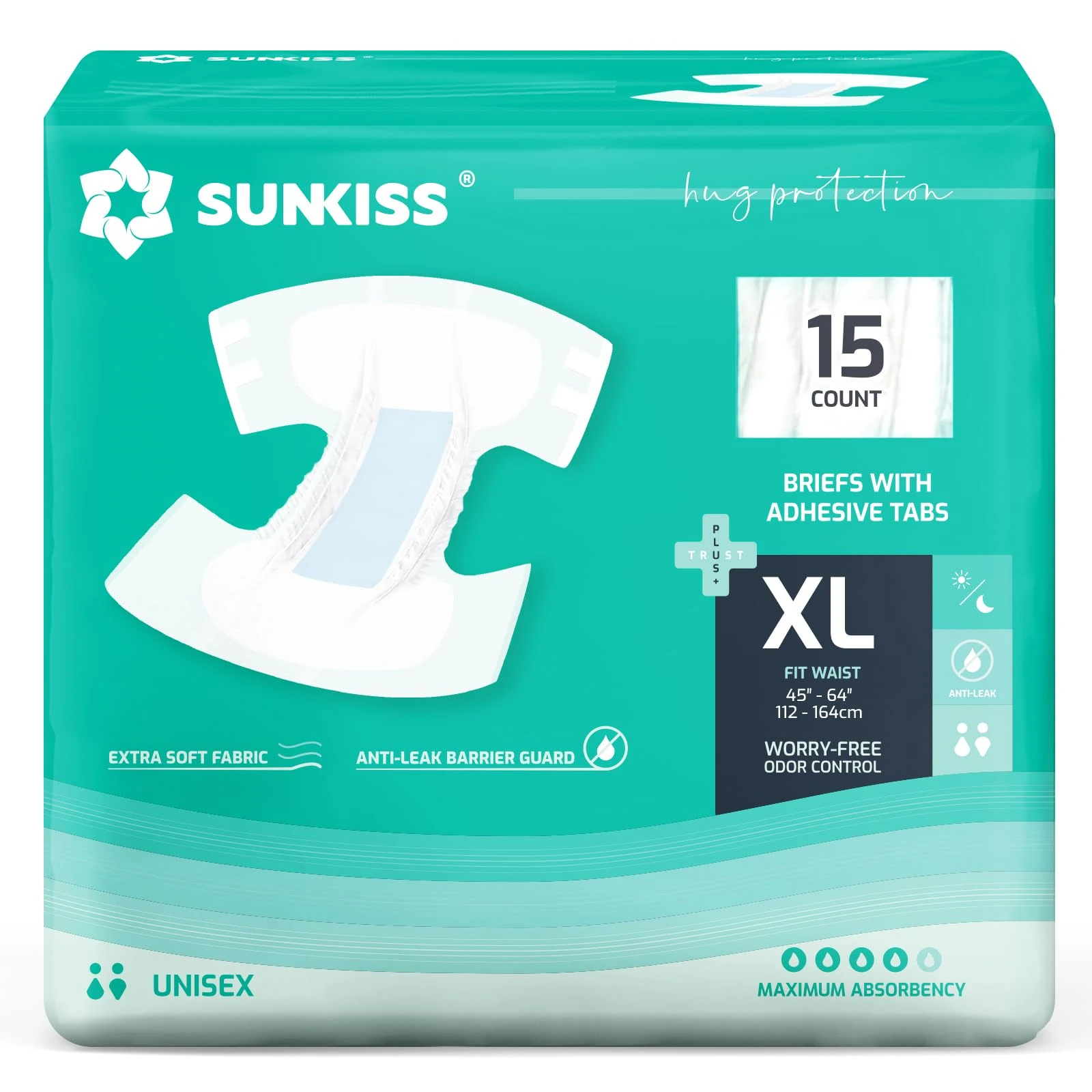 SUNKISS Adult Nappies with Maximum Absorbency, Disposable Adult Diapers for Men and Women, Odor Control, Comfortable, XLarge, 15 Count