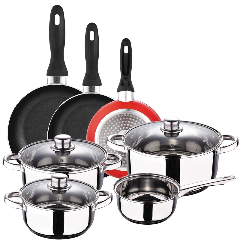 SAN IGNACIO 7-Piece Cassel and Set of 3 Frying Pans Ø16/Ø20/Ø24 cm Red, Pressed Aluminium, Non-Stick, Induction