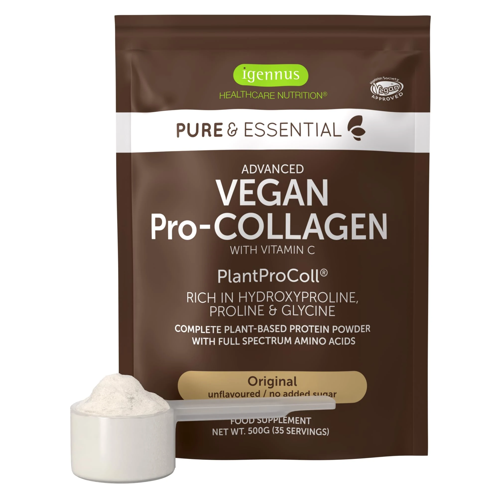 Igennus Vegan Pro-Collagen Protein Powder, Plant-Based Peptide Supplement with Glycine, 21 Amino Acids & Vitamin C, Complete Collagen Boosting Formula, Mix into Drinks or Food, 35 Servings
