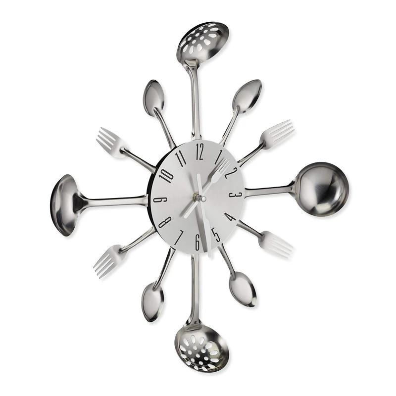 Relaxdays Wall Clock Cutlery, Kitchen Decoration, Spoon, Fork & Ladle, Ø 40 cm, Battery Operated, With Ticking, Silver