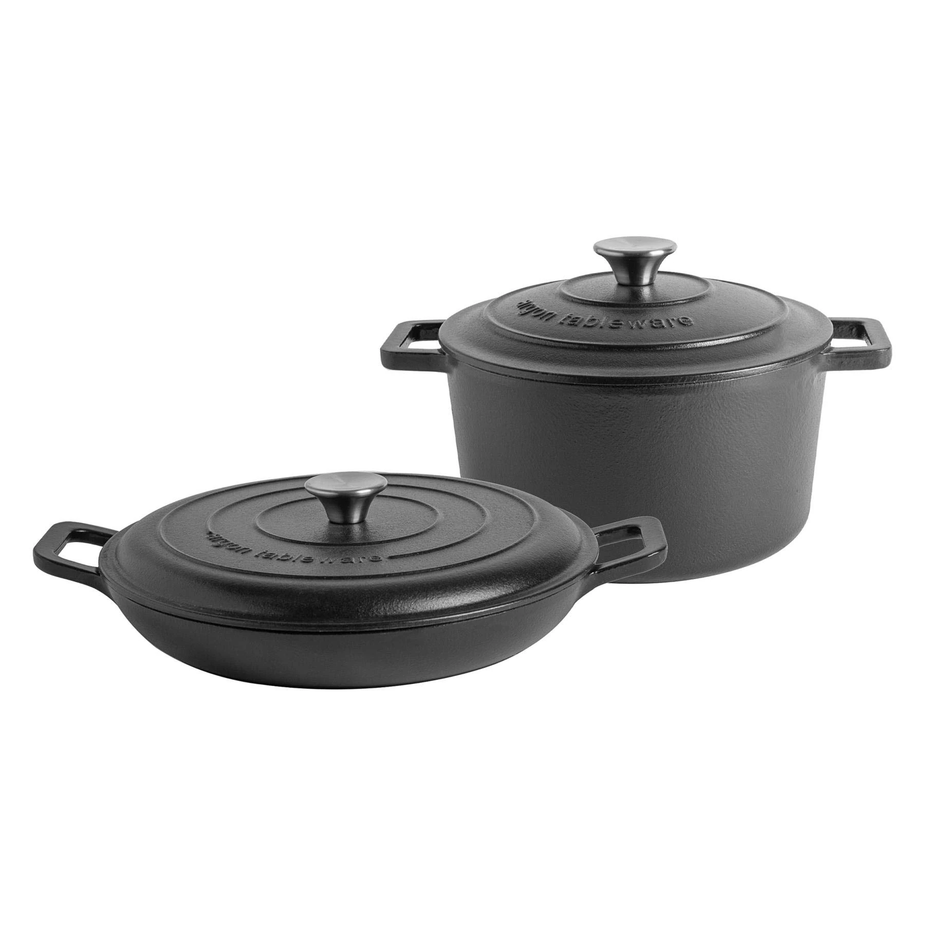 Argon Tableware Casserole Dish Cast Iron Shallow Enameled Dutch Oven Pan with Self-Basting Lid for Roasting, Braising, Stews and Curries - 4.5 Litre - Matte Black - 2 Sizes