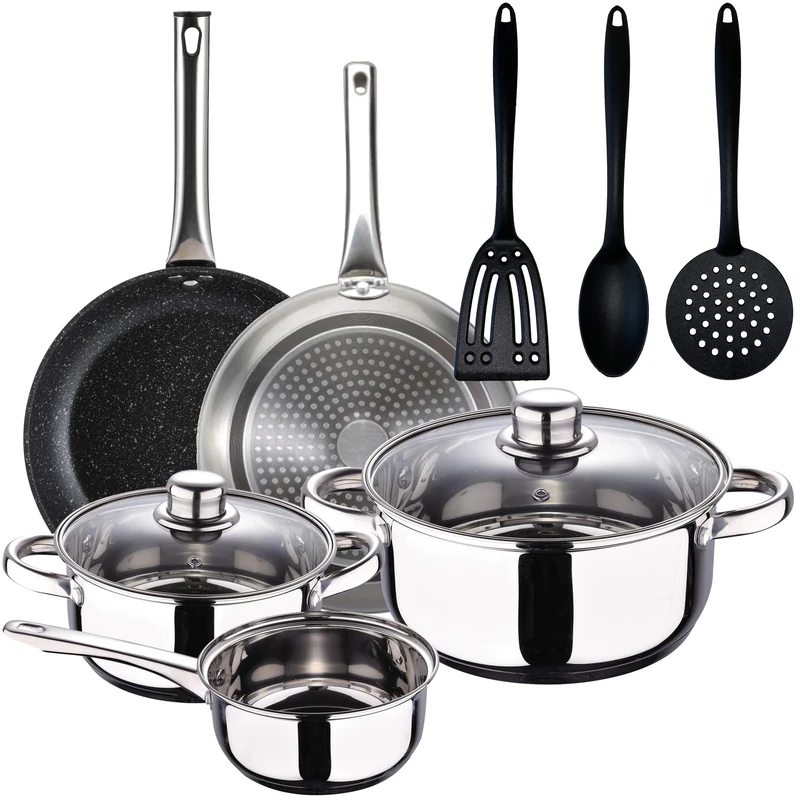 S.Ignacio Cassel 5-Piece Set, 3 Cooking Utensils and 2 Frying Pans Ø20/Ø30 cm Silver and Black, Forged Aluminium, Non-Stick, Induction