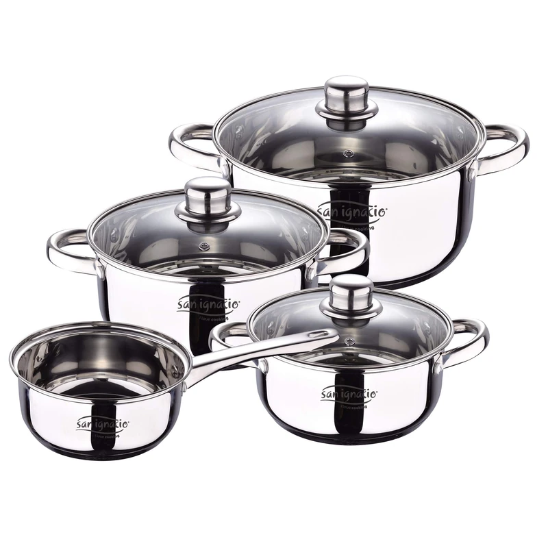 San Ignacio 7 piece Stainless Steel Battery: Saucepan Ø16 x 7.5 cm with lid Ø18 x 8.5 cm Ø20 x 9.5 and Ø24 x 11.5 cm, Induction, Cassel Collection, 7 Pieces
