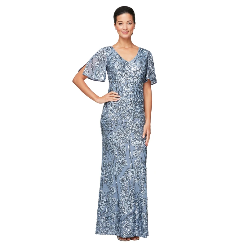 Alex Evenings Women's Long Sequin Dress with Flutter Sleeves, Hydrangea, 8