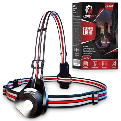 LUMEFIT Run Light Running Lights for Runners Chest LED Lamp 90° Adjustable Beam Angle 500 Lumen 360 Degree Reflective Band USB Rechargeable Front Body Torch Jogging Hiking