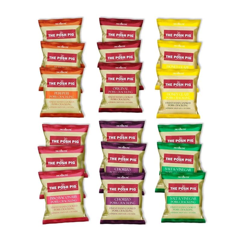 The Posh Pig Mixed Flavoured Double Hand Cooked Premium Pork Crackling (18x40g Packets) High Protein, Low Carb.