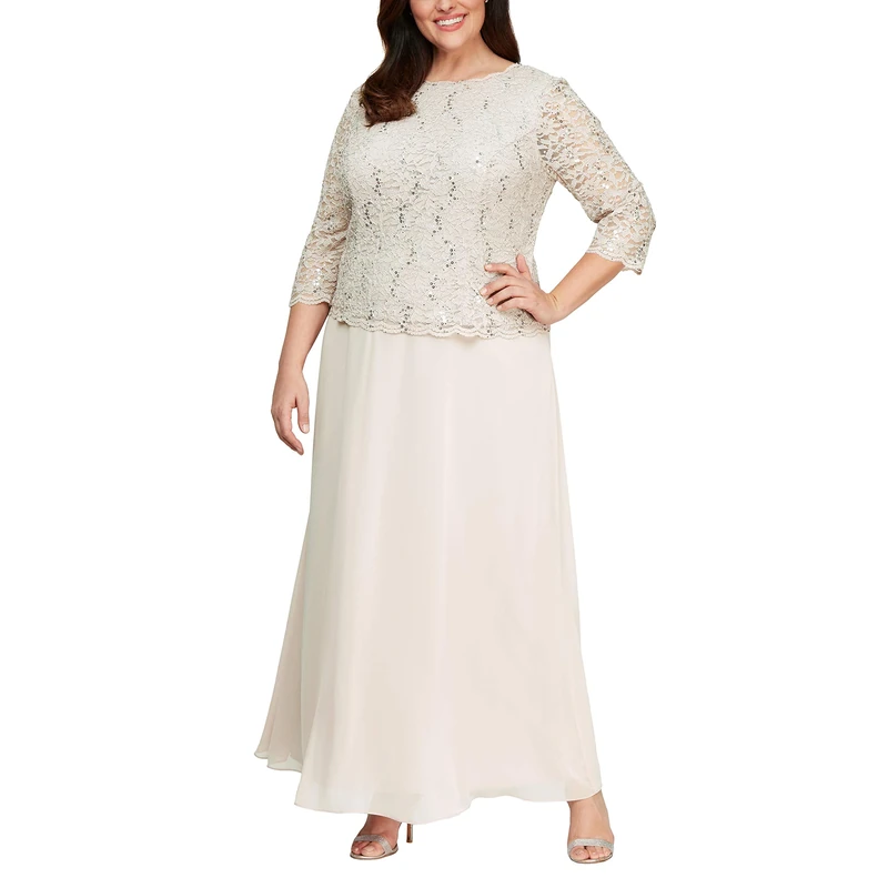 Alex Evenings Women's Plus Size Stretch One Piece Lace Bodice Dress Special Occasion, Taupe, 18