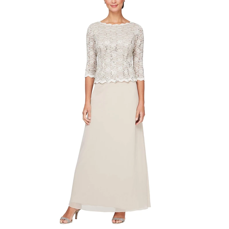 Alex Evenings Women's Long Mock Dress with Full Skirt Regular Sizes, New Taupe Petite, 8P