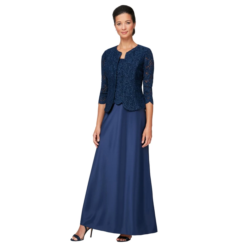 Alex Evenings Women's Two Piece Mother of The Bride Dress with Lace Jacket (Petite and Regular Sizes) Special Occasion, Navy, 10 (Pack of 2)