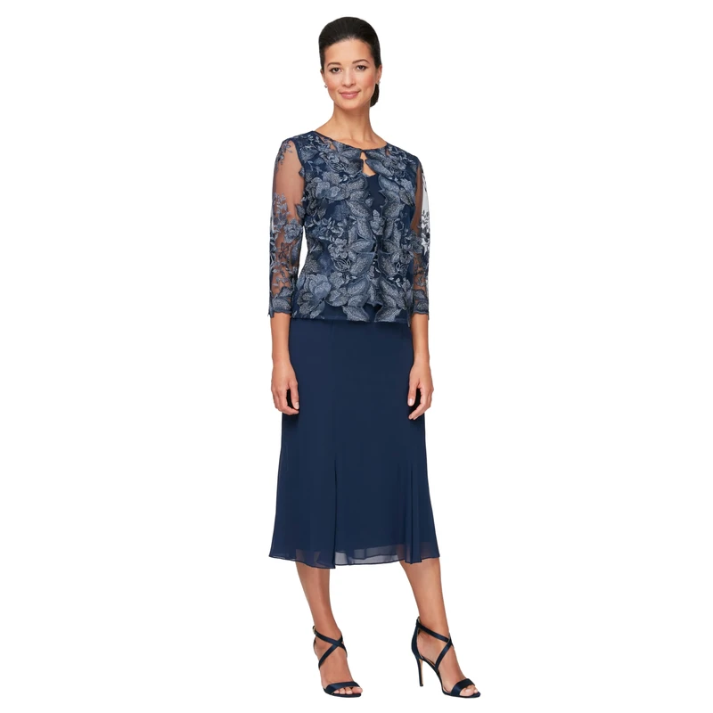 Alex Evenings Women's Tea Length Mock Jacket Dress with Button Front Special Occasion, Navy Lace, 20 (Pack of 2)