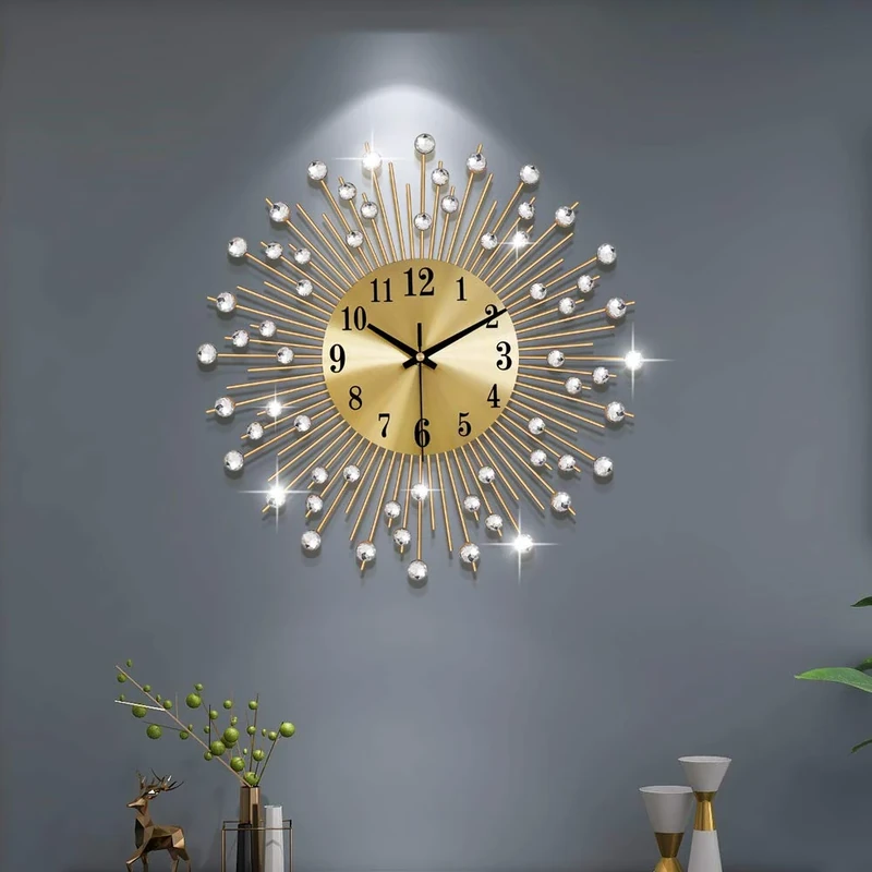 YIJIDECOR 14.96 inch Wall Clock Battery Operated Round Quartz Clocks with Gold Aluminum Dial,Luxury Crystal Home Decorative for Living Room, Bedroom, Office, Coffee, Kitchen