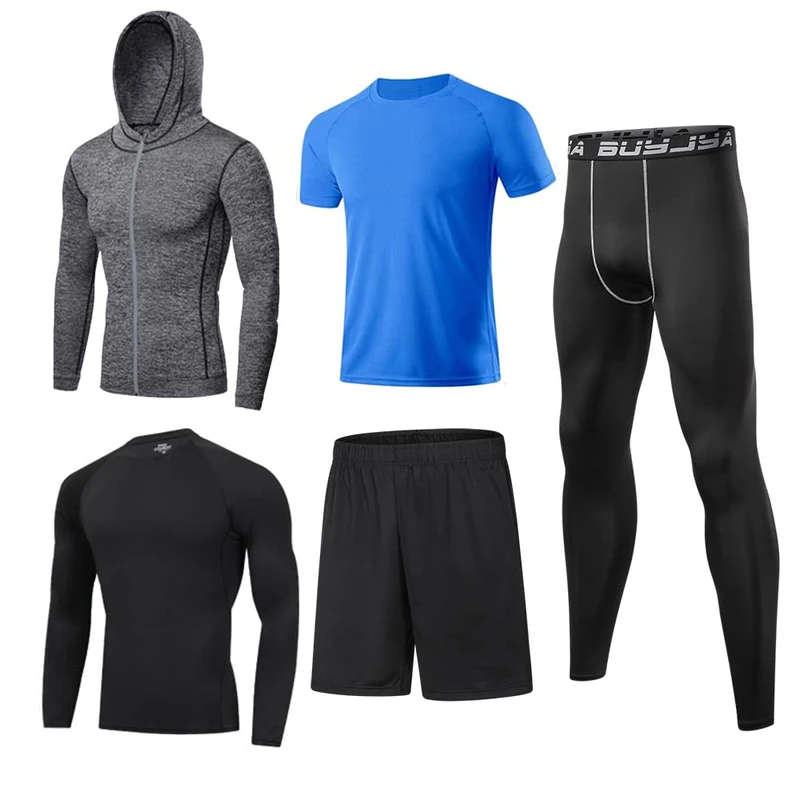 BUYJYA 5Pcs Men's Compression Pants Shirt Top Long Sleeve Jacket Athletic Sets Gym Clothing Mens Workout