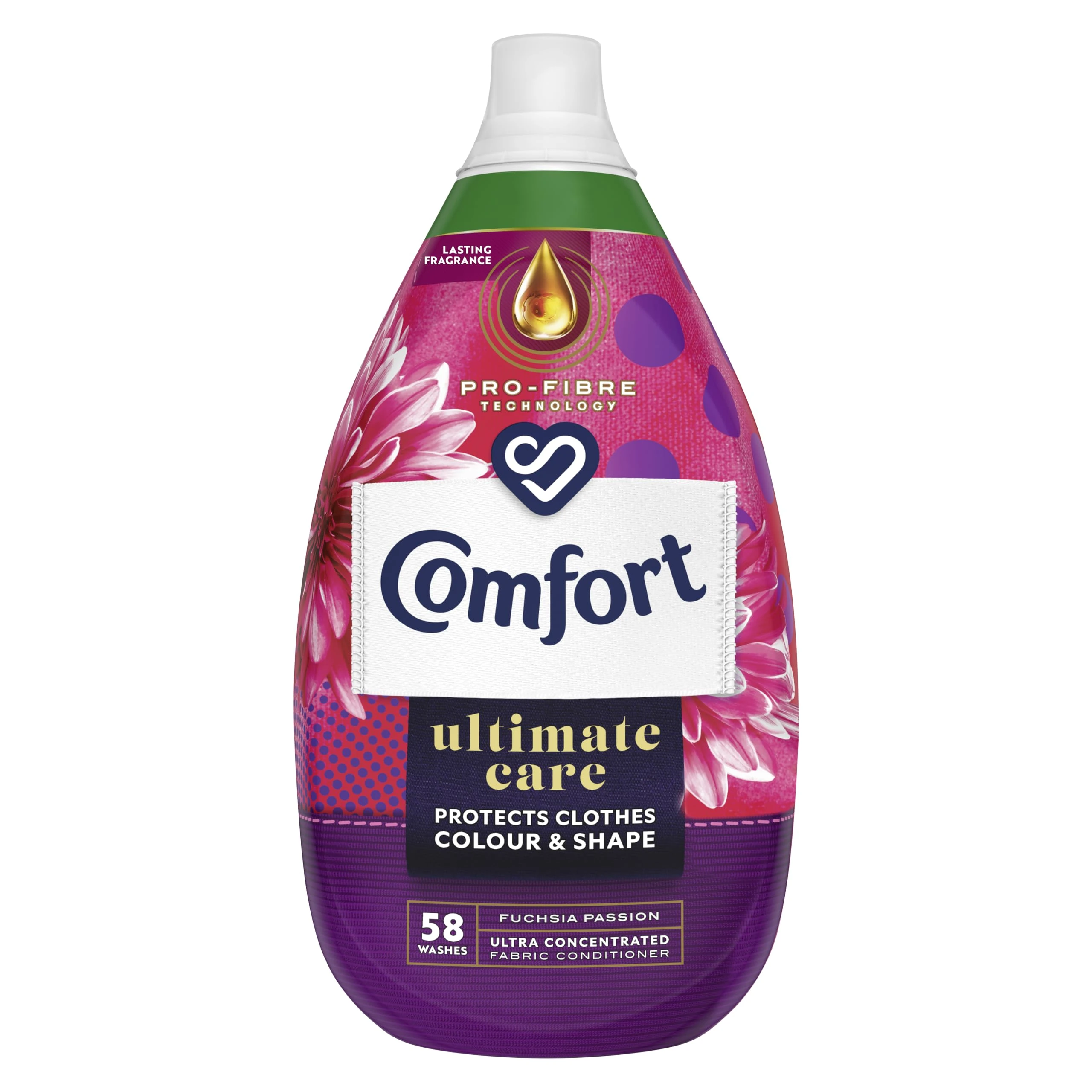 Comfort Ultimate Care Fuchsia Passion Ultra-Concentrated Fabric Conditioner bottle made of 100% recycled plastic* for complete clothes protection 58 washes (870 ml)