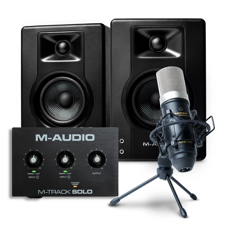 M-Audio Recording, Streaming and Podcasting Bundle – M-Track Solo USB Audio Interface, BX4 Stereo Speakers and Marantz MPM-1000 Condenser Microphone
