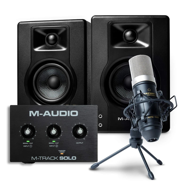 M-Audio Recording, Streaming and Podcasting Bundle – M-Track Solo USB Audio Interface, BX3 Stereo Speakers and Marantz MPM-1000 Condenser Microphone