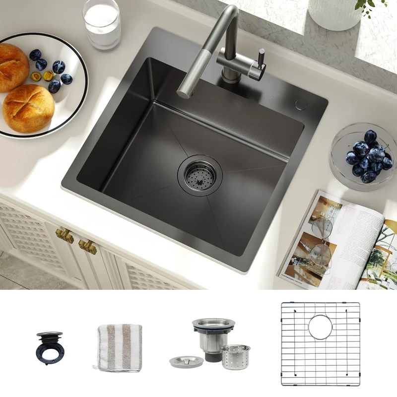 TORVA 18 x 18 Inch Gloss Black Drop-in Topmount Kitchen Sink, 16 Gauge Stainless Steel Ceramic Coating with NanoTek Topmount Single Bowl - 9 Inches Deep Bar/Prep Basin, Black