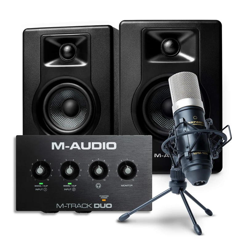 M-Audio Recording, Streaming and Podcasting Bundle – M-Track Duo USB Audio Interface, BX3 Stereo Speakers and Marantz MPM-1000 Condenser Microphone